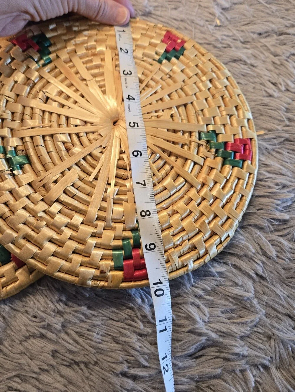 Vintage Trivets Handwoven Round Rattan Coasters with Red & Green Accents